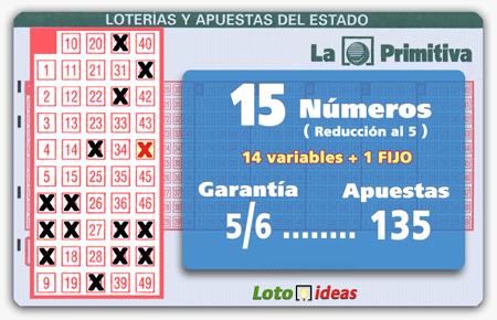 Primitiva - 15 números en reducción al 5 por 135 apuestas (14 números + 1 Fijo) Primitiva - 15 números en reducción al 5 por 135 apuestas (14 números + 1 Fijo)