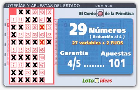 El Gordo de la Primitiva - Reducida de 29 números (2 fijos) al 4 por 101 apuestas El Gordo de la Primitiva - Reducida de 29 números (2 fijos) al 4 por 101 apuestas