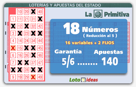 Primitiva - 18 números en reducción al 5 por 140 apuestas (16 números + 2 Fijos) Primitiva - 18 números en reducción al 5 por 140 apuestas (16 números + 2 Fijos)