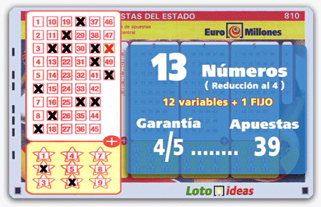 Euromillones - 13 números en reducción al 4 por 39 apuestas (12 variables + 1 fijo) Euromillones - 13 números en reducción al 4 por 39 apuestas (12 variables + 1 fijo)