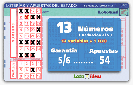 Lototurf - 13 números (12 + 1 fijo) en reducción al 5 por 54 apuestas Lototurf - 13 números (12 + 1 fijo) en reducción al 5 por 54 apuestas