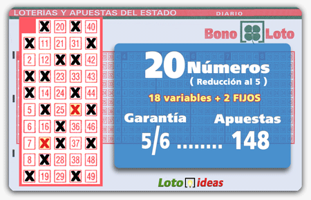 Bonoloto - 20 números (18 + 2 fijos) en reducción al 5 por 148 apuestas Bonoloto - 20 números (18 + 2 fijos) en reducción al 5 por 148 apuestas