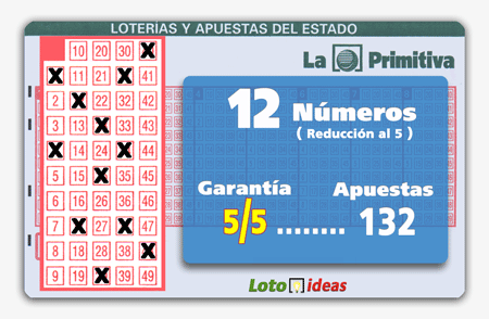 Primitiva - 12 números en reducción al 5 por 132 apuestas. Garantía 5/5