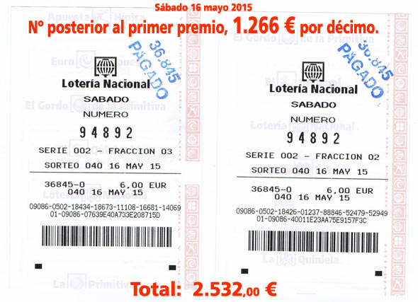 Lotería Nacional - Posterior al Primer Premio - 16 Mayo 2015 Lotería Nacional - Posterior al Primer Premio - 16 Mayo 2015